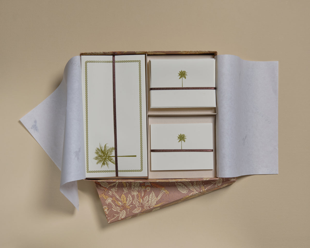 Caja grande de tarjetas y sobres - Palma verde